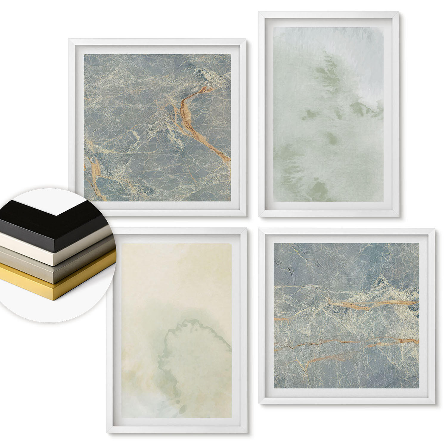 WANDBILDER 4er-Set - 50x50 cm & 40x60 cm Weißer Rahmen - Pastellfarben auf Aquarellleinwand - Weiß, Kunststoff (50/50cm) - ArtPrintCave