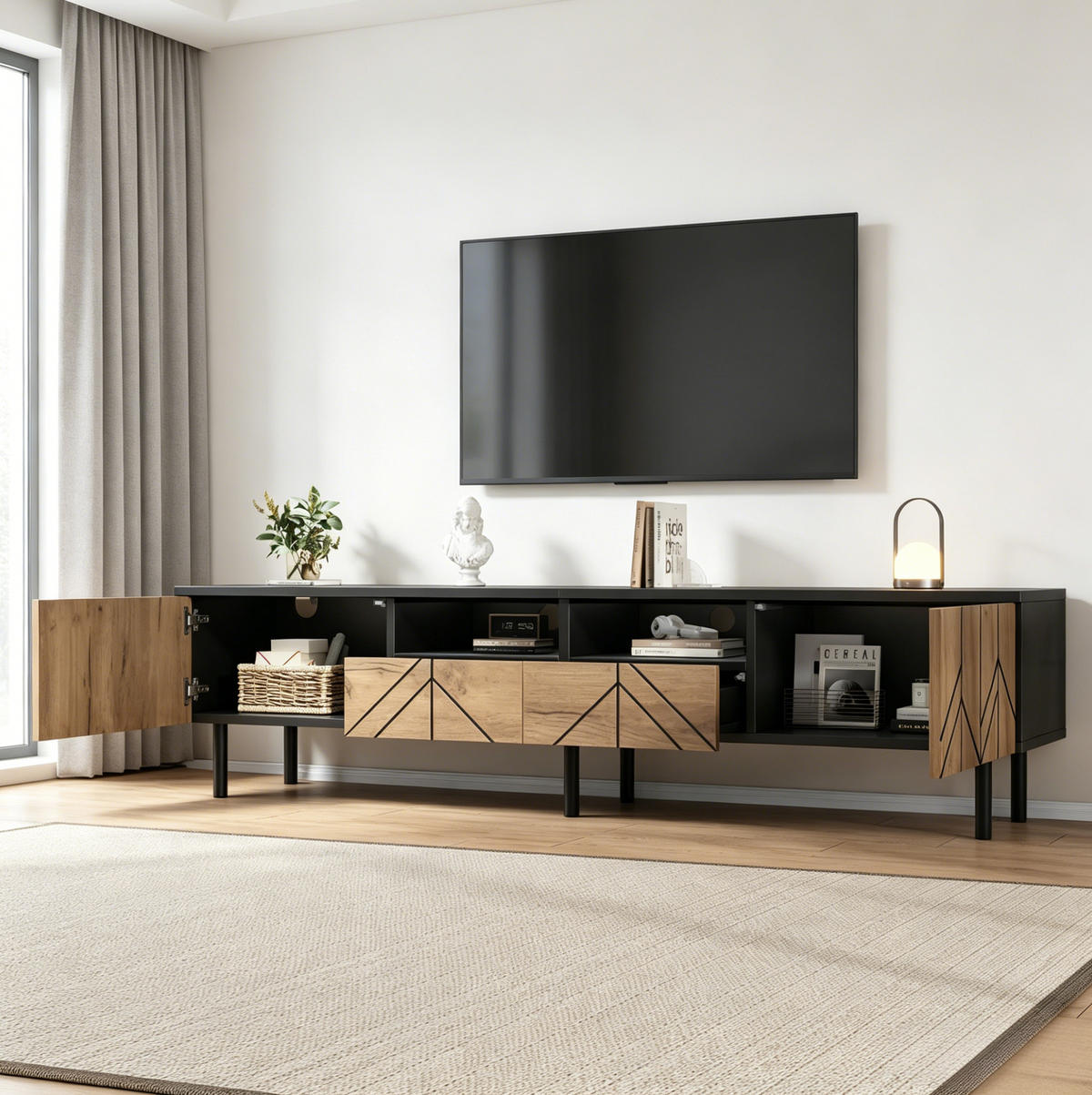TV-LOWBOARD 180/40/45 cm schwarz/natur aus Spanplatte mit 2 Schubladen und 2 Türen - Schwarz, Holzwerkstoff (180/45/40cm) - OKWISH