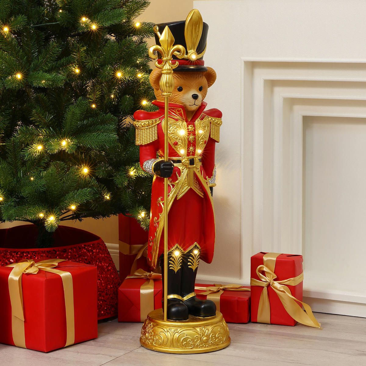 HOMETOPIA Nussknacker Bär Figur 91,5 cm, Weihnachtsdeko mit LED & Timer - Dunkelrot, Naturmaterialien (25/91/27.5cm) - Hometopia