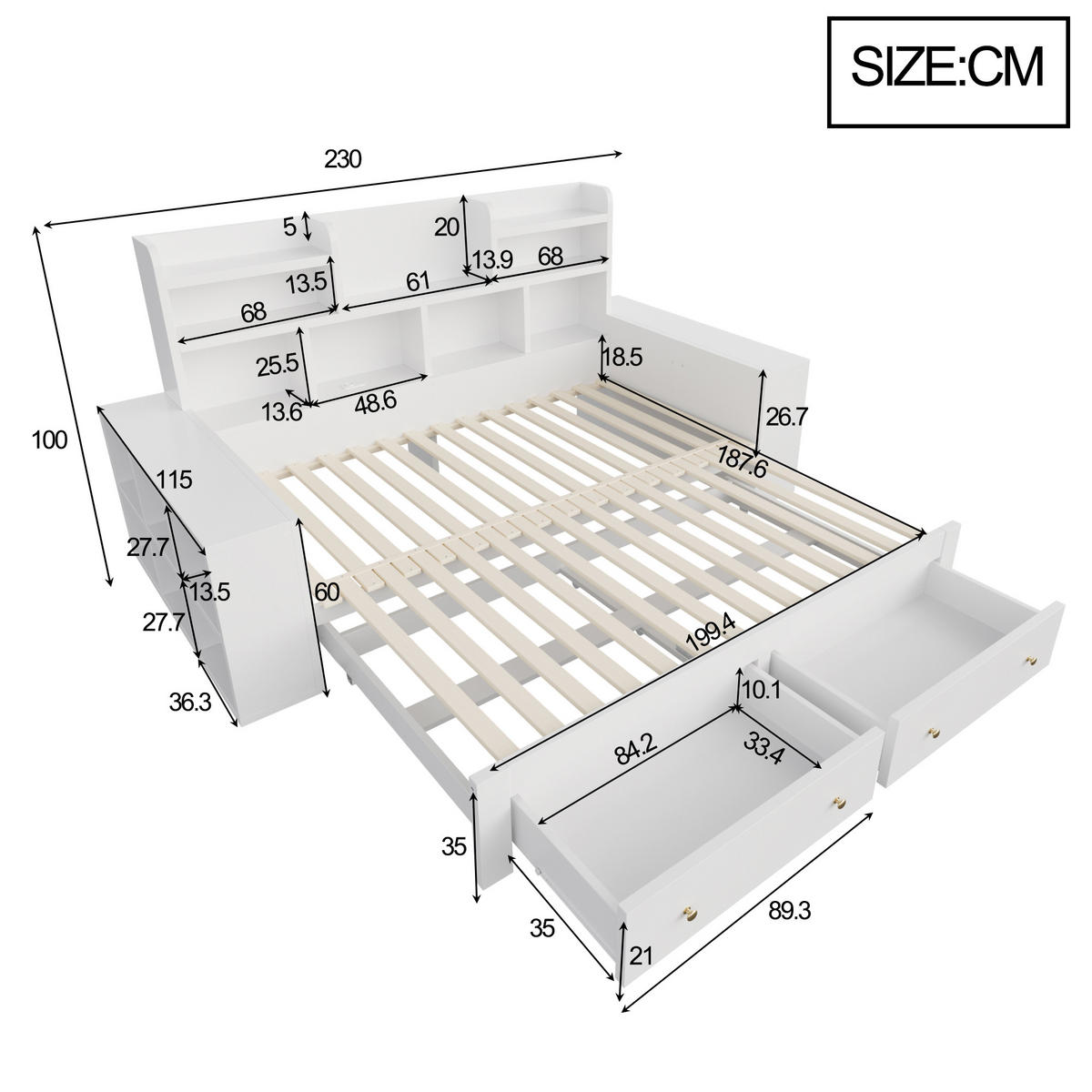 AUSZIEHBETT 90/180/200 cm mit Ablagefächern und Schubladen, DE-41646, in Weiß - Weiß, Holzwerkstoff (90/200cm) - ComfortXL