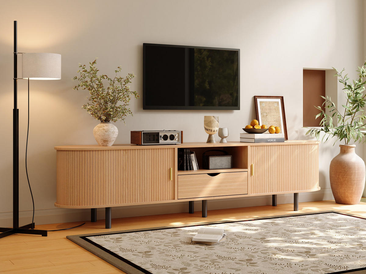 TV-SCHRANK mit abgerundeten Kanten und Rollo-Tür aus MDF 175 × 40 × 55 cm - Naturfarben, Holzwerkstoff (175/55/40cm) - Luhomfu