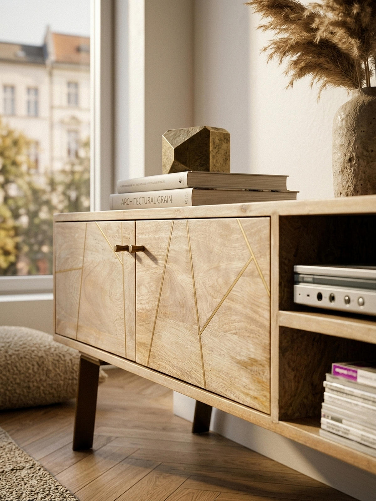 LOWBOARD Mango Massivholz Metall Landhausstil Modell Garda für Fernseher bis 55 Zoll - Goldfarben/Braun, Holz/Metall (145/47/35cm) - KADIMA DESIGN