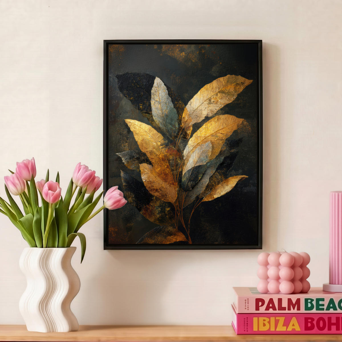 LEINWAND Bilder mit Rahmen - Golden Leaf Komposition - Botanical Luxury - 30x40 - Goldfarben, Textil (30/40cm) - MuchoWow