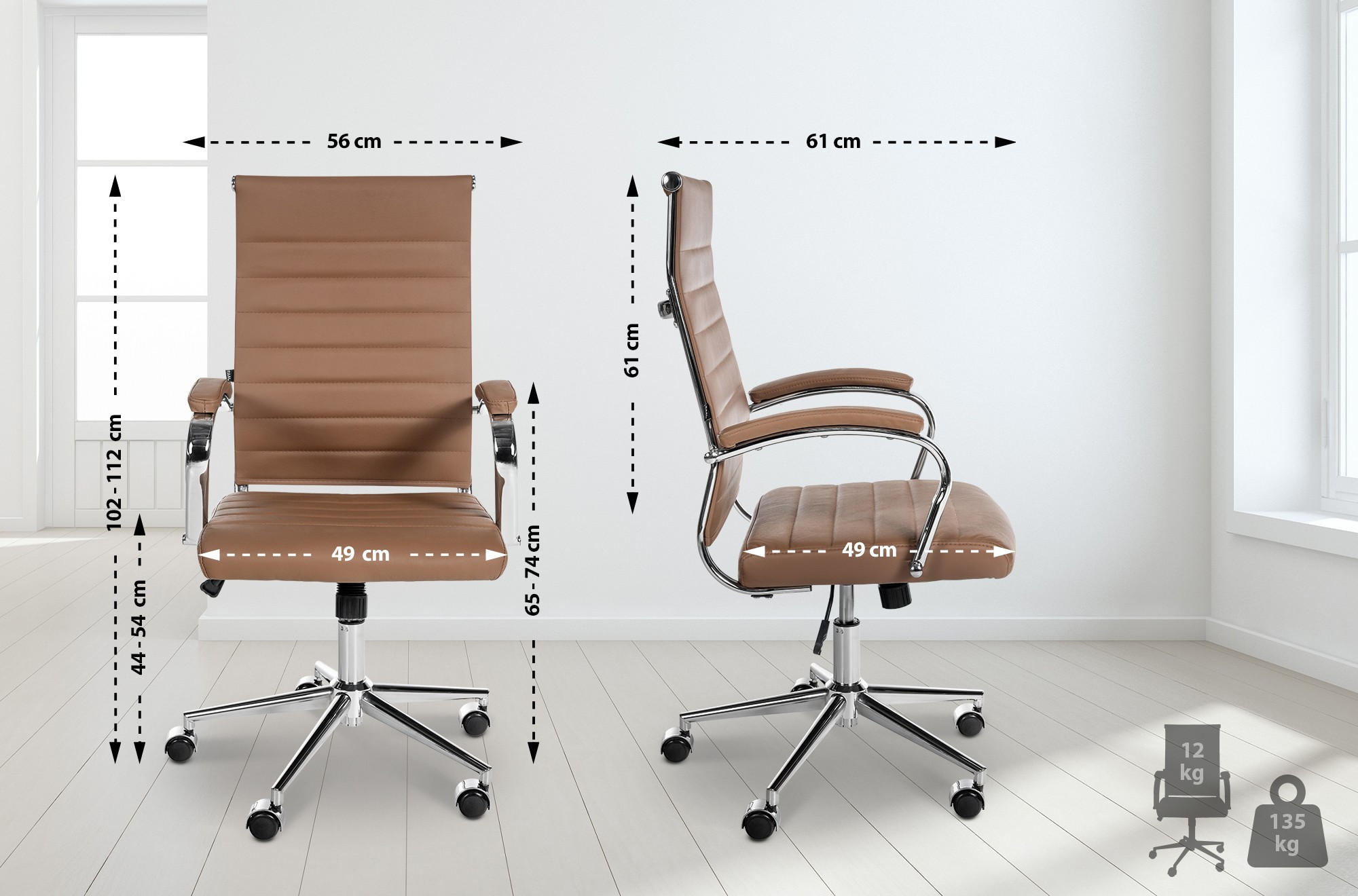 DREHSTUHL Echtleder hellbraun - Chromfarben/Hellbraun, Leder/Metall (56/102/61cm) - CLP