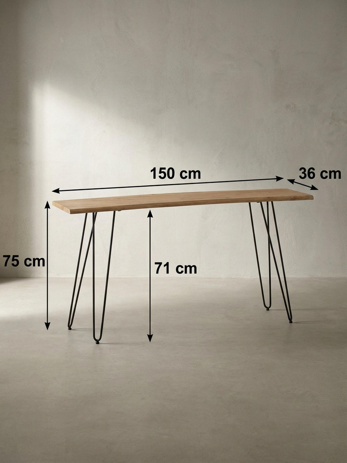 KONSOLENTISCH – Akazie Massivholz, 150x36x75 cm, mit Baumkante, Haarnadelbeine, Metallgestell - Schwarz/Akaziefarben, Holz/Metall (36/150/75cm) - KADIMA DESIGN