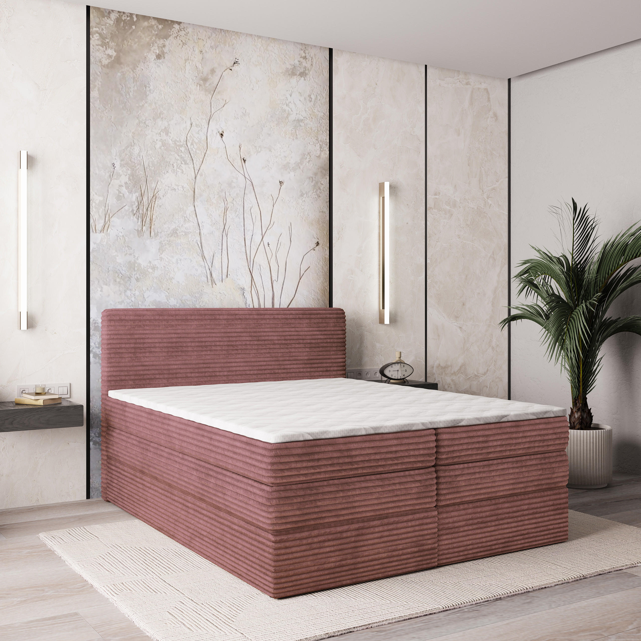BOXSPRINGBETT LUNERA 160x200 cm mit Matratze und Topper - Rosa - Rosa, Holz (160/200cm) - MASSENO