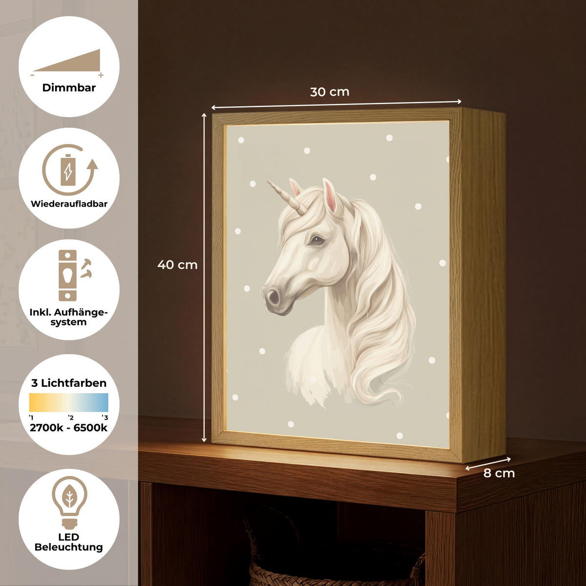 NACHTTISCHLAMPE MIT AKKU Einhorn - Weiß - Punkte 30x40 cm - Taupe, Holzwerkstoff (8/30/40cm) - OnlyWow