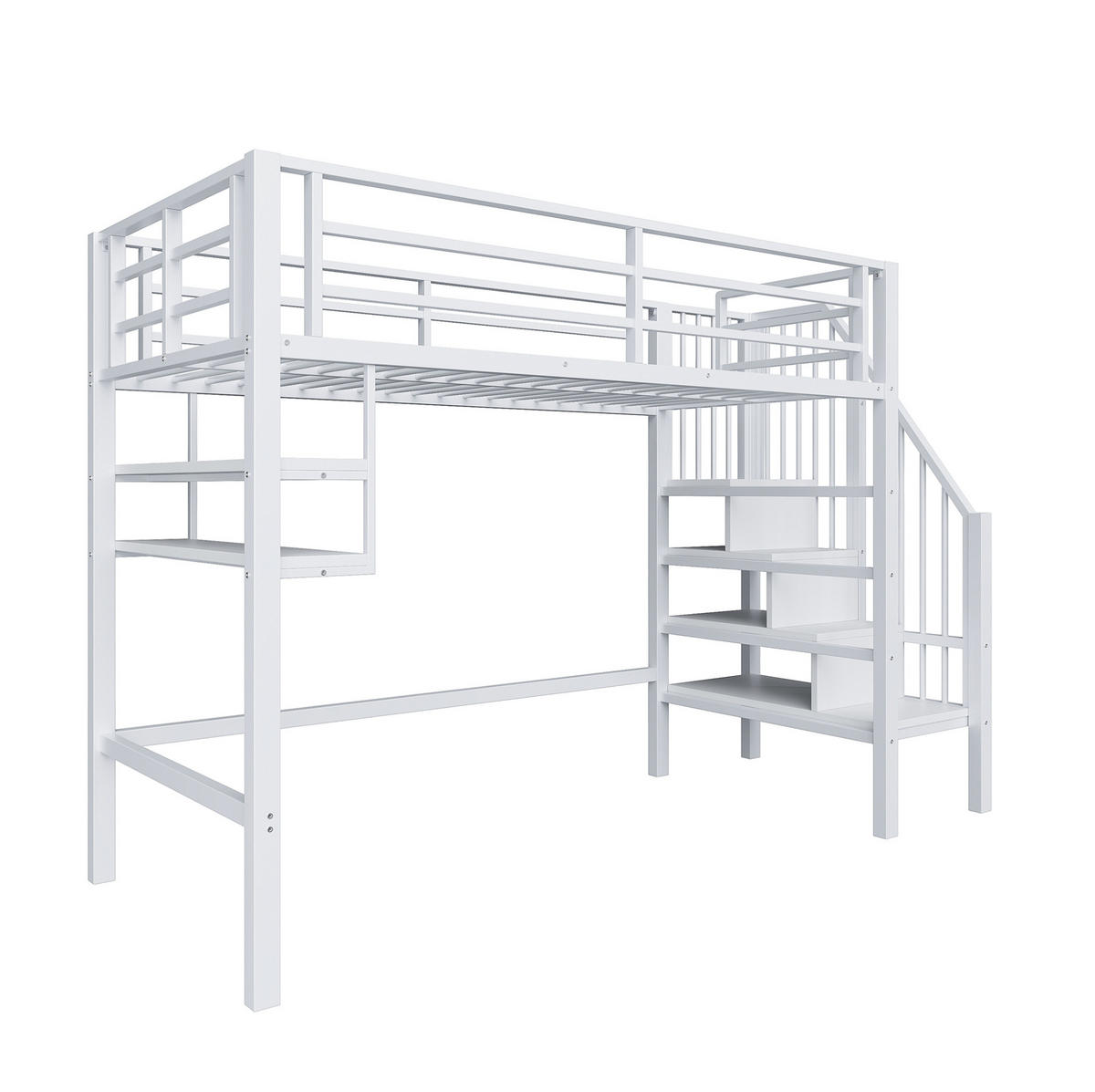 HOCHBETT 90/200 cm weiß aus Metall mit Stauraumleiter und Regalen - Weiß, Metall (90/200cm) - OKWISH