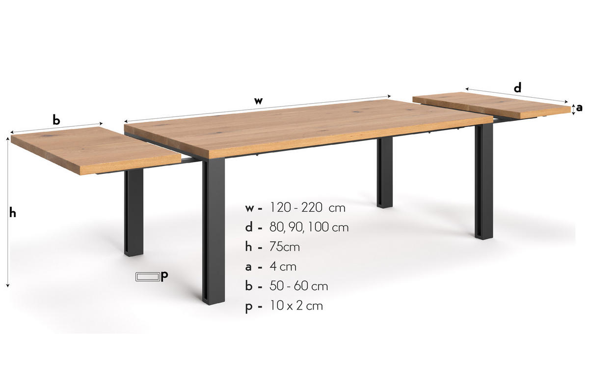 TISCH Ausziehbar Fold aus massivem Eichenholz 140x90 cm + Tischverlängerung 1x60 cm - Eichefarben/Schwarz, Holz/Metall (140/90/75cm) - Danzz
