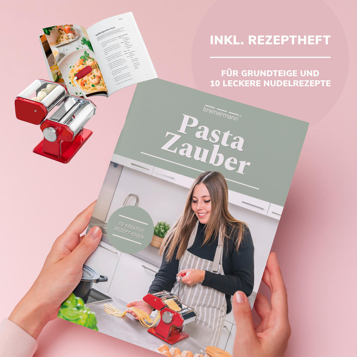 NUDELMASCHINE inkl. Rezeptbuch, Ravioliaufsatz , rot/Edelstahl - Rot/Silberfarben, Metall (20/15/21cm) - bremermann