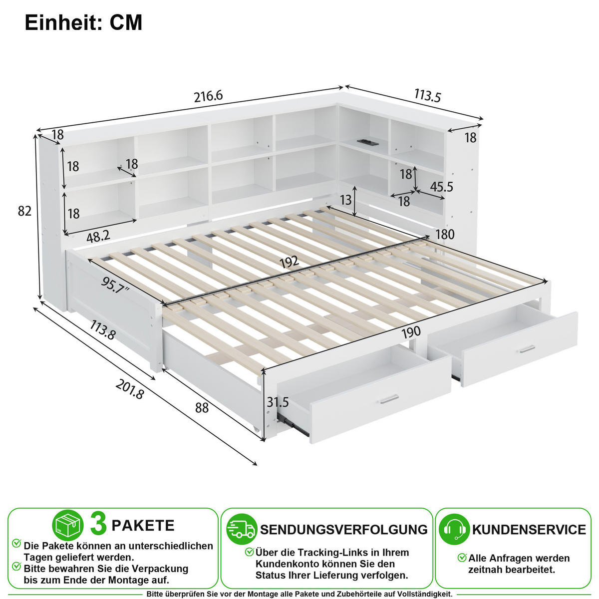 SCHLAFSOFA 90/190 cm & 180/190 cm in Weiß mit Stauraum, 2 Schubladen und Steckdose - Weiß, Holz/Holzwerkstoff (90/190cm) - CHICFURN