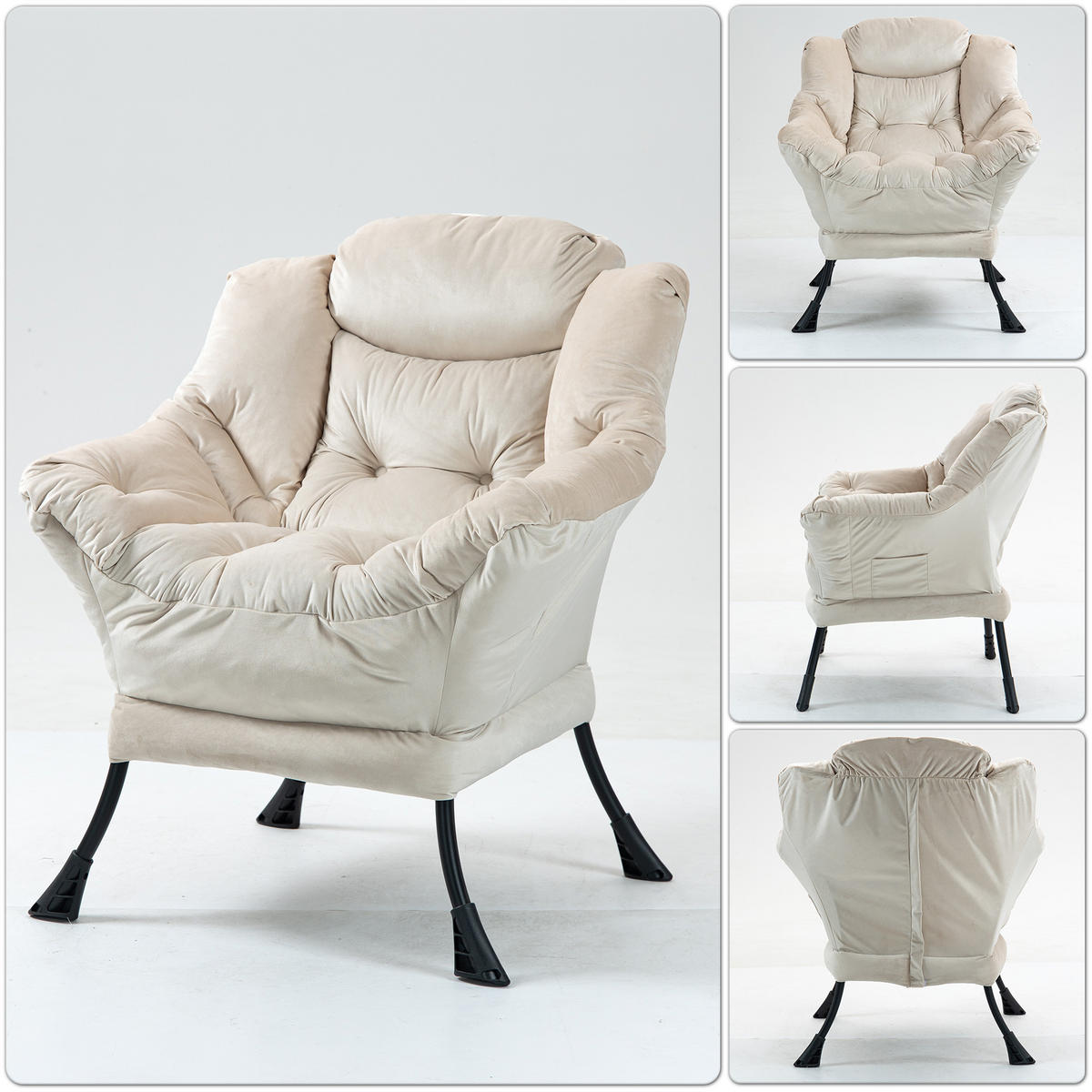 SESSEL aus Samt und Metall, mit Kopfstütze und Seitentasche - Sandfarben, Metall (75/85/80cm) - Urban Meuble