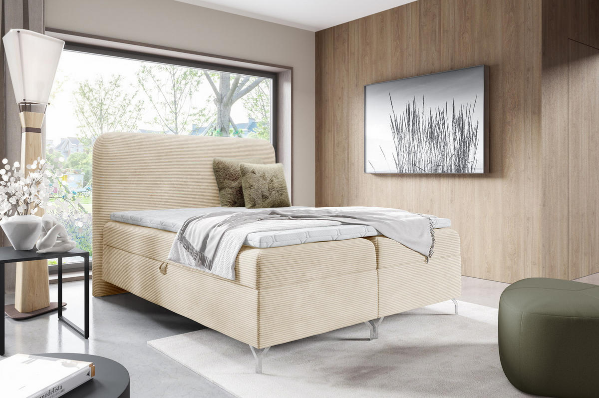BOXSPRINGBETT mit Matratze H3 200x200 Rotos, Cordstoff, Bettkasten, Creme - Creme, Holz/Textil (200/200cm) - Emporius