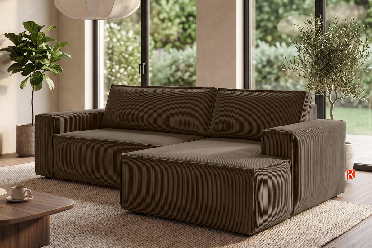 ECKSCHLAFSOFA-RECHTS NAPI in Pet Friendly Cord-Stoff, dunkelbraun - Dunkelbraun/Schwarz, Textil (262/148cm) - KONSIMO®
