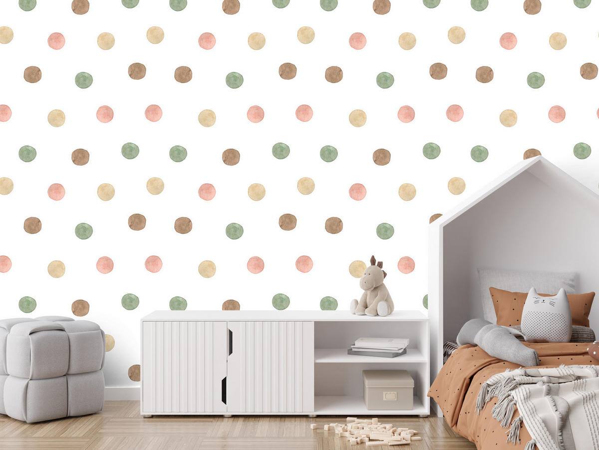 VLIESTAPETE Aquarellpunkte im Boho-Stil – Grün, Rosa, Beige, Weiß – 50x1000 cm - Beige/Rosa, Papier (50/1000cm) - Muralo