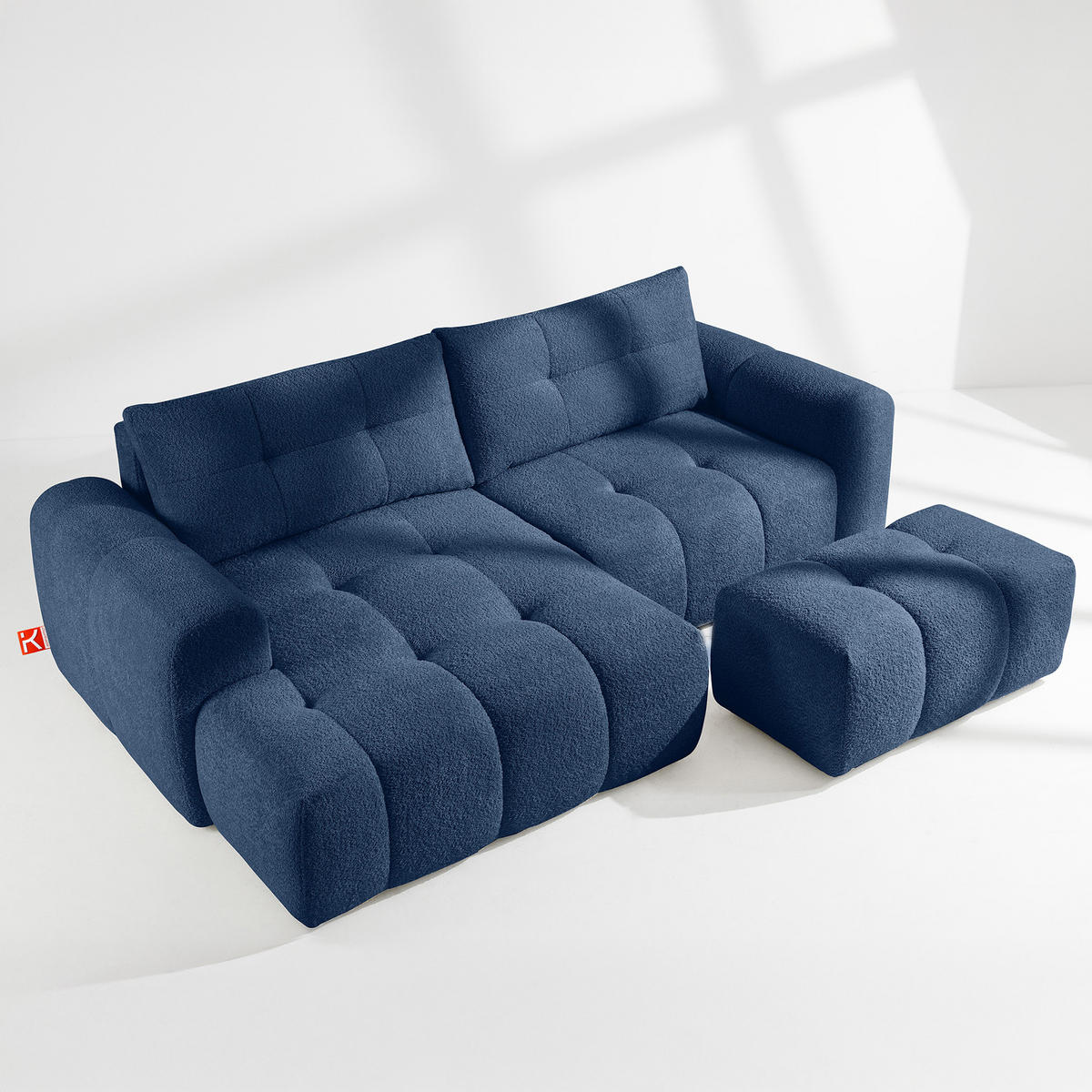 ECKSOFA MIT HOCKER RAVIA, Bouclé, Marineblau - Dunkelblau, Holz/Textil (96/50cm) - KONSIMO®