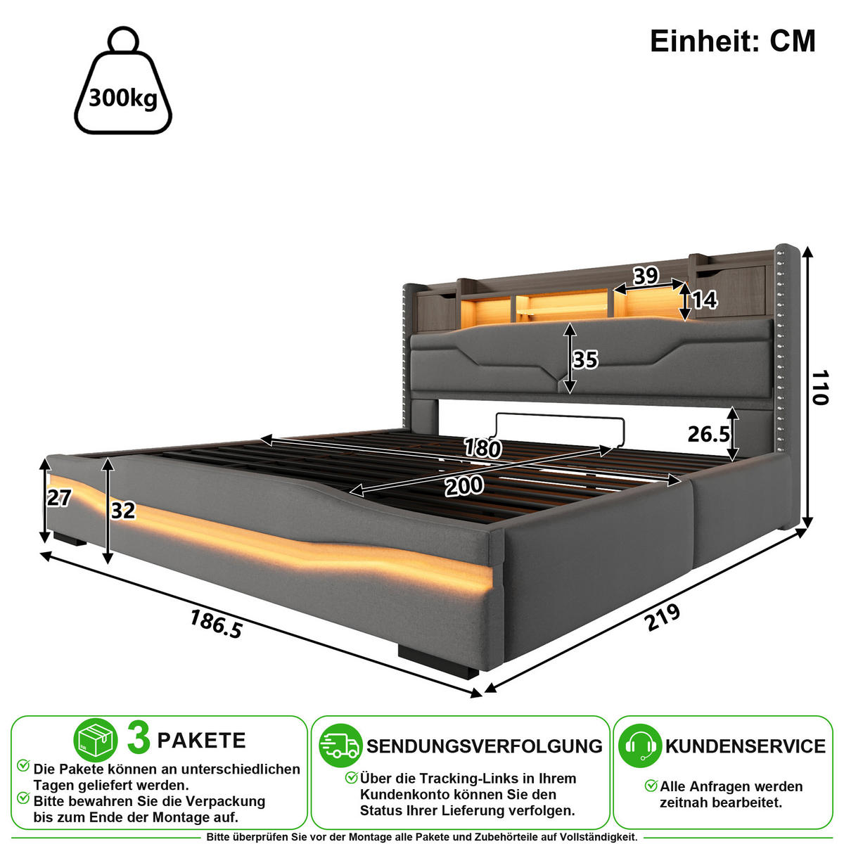 ČALOUNĚNÁ POSTEL 180/200 cm v šedé barvě s úložným prostorem, LED a USB-C - šedá, kov/kompozitní dřevo (180/200cm) - CHICFURN
