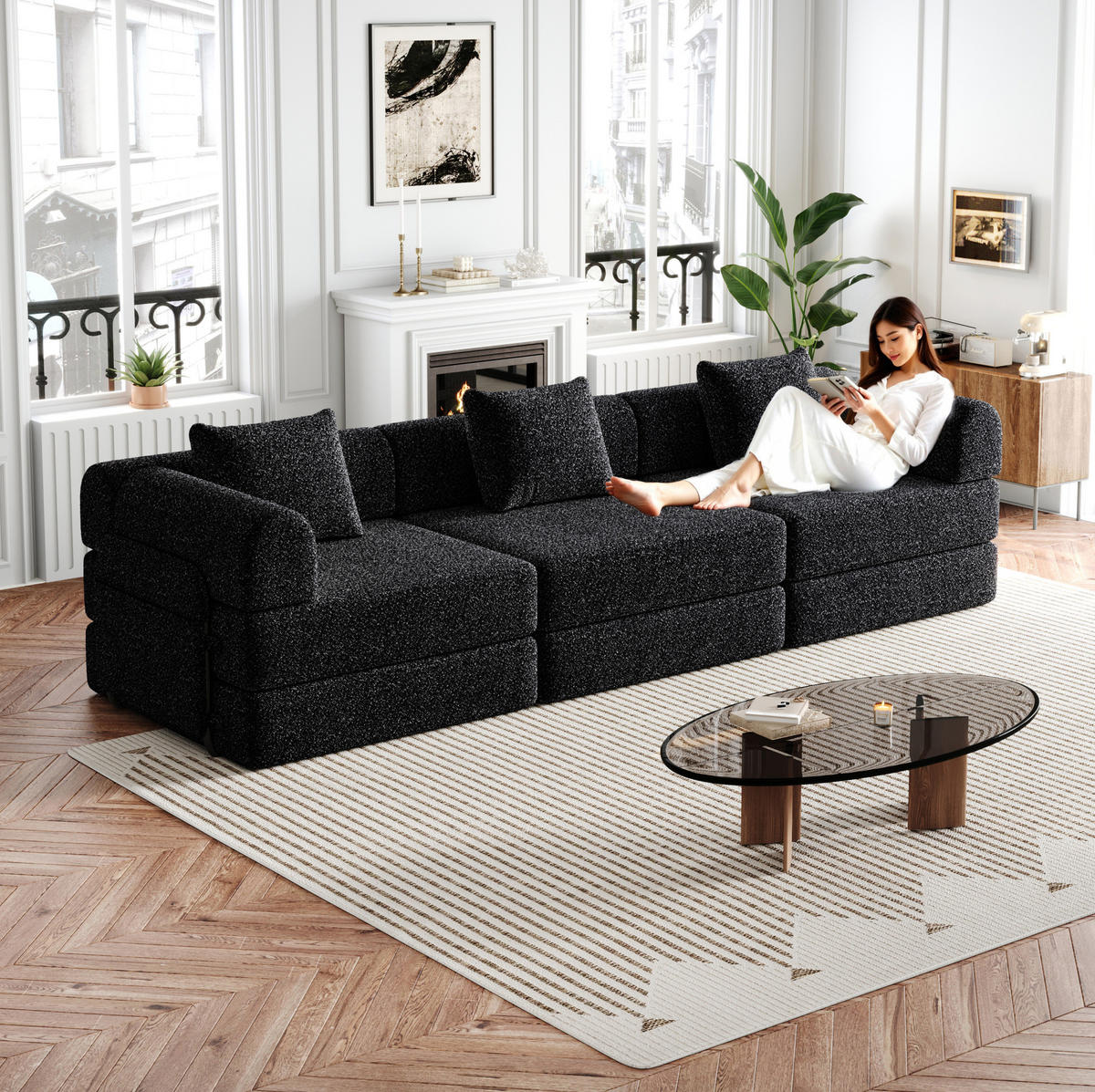 SCHLAFSOFA 2-in-1, Chenille mit Armlehnen-Staufach & Stahlrahmen, 91,4/274/69,8 cm, Schwarz - Schwarz, Textil (91.4/69.8/274cm) - Redom
