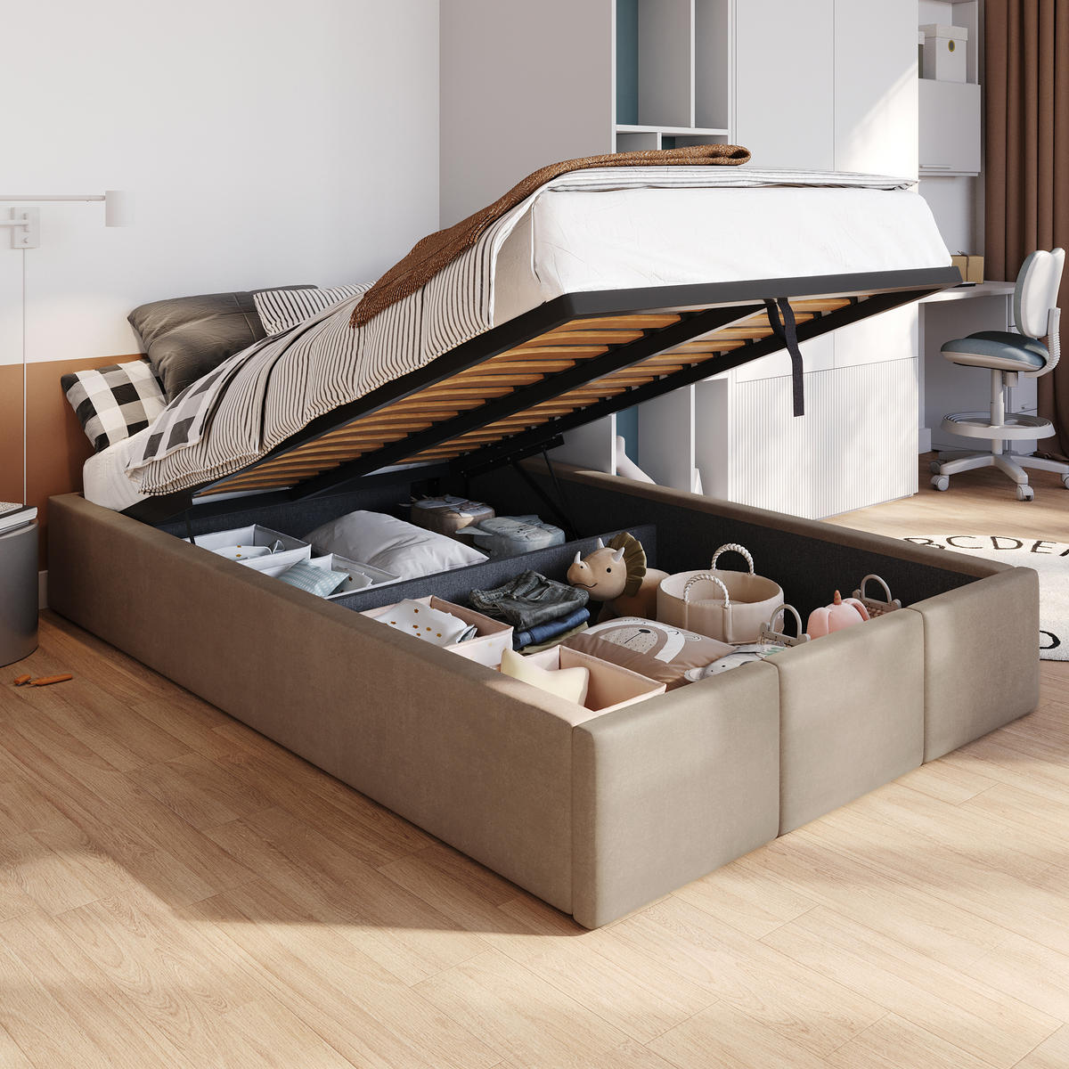POLSTERBETT für Schlafzimmer Bett mit Stauraum Beige 120x200cm - Beige, Holzwerkstoff/Textil (120/200cm) - Muralo