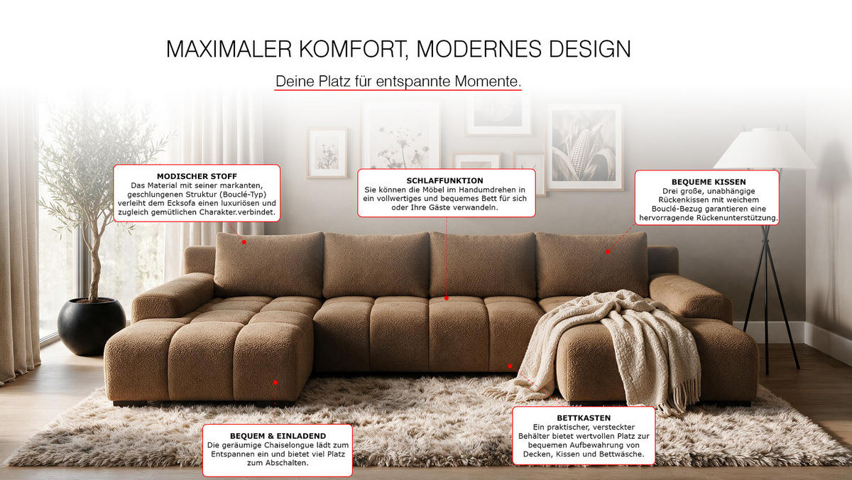 WOHNLANDSCHAFT OVIA U mit Bettkasten und Schlaffunktion, Bouclé-Stoff in U-Form - Braun, Textil (350/80/185cm)