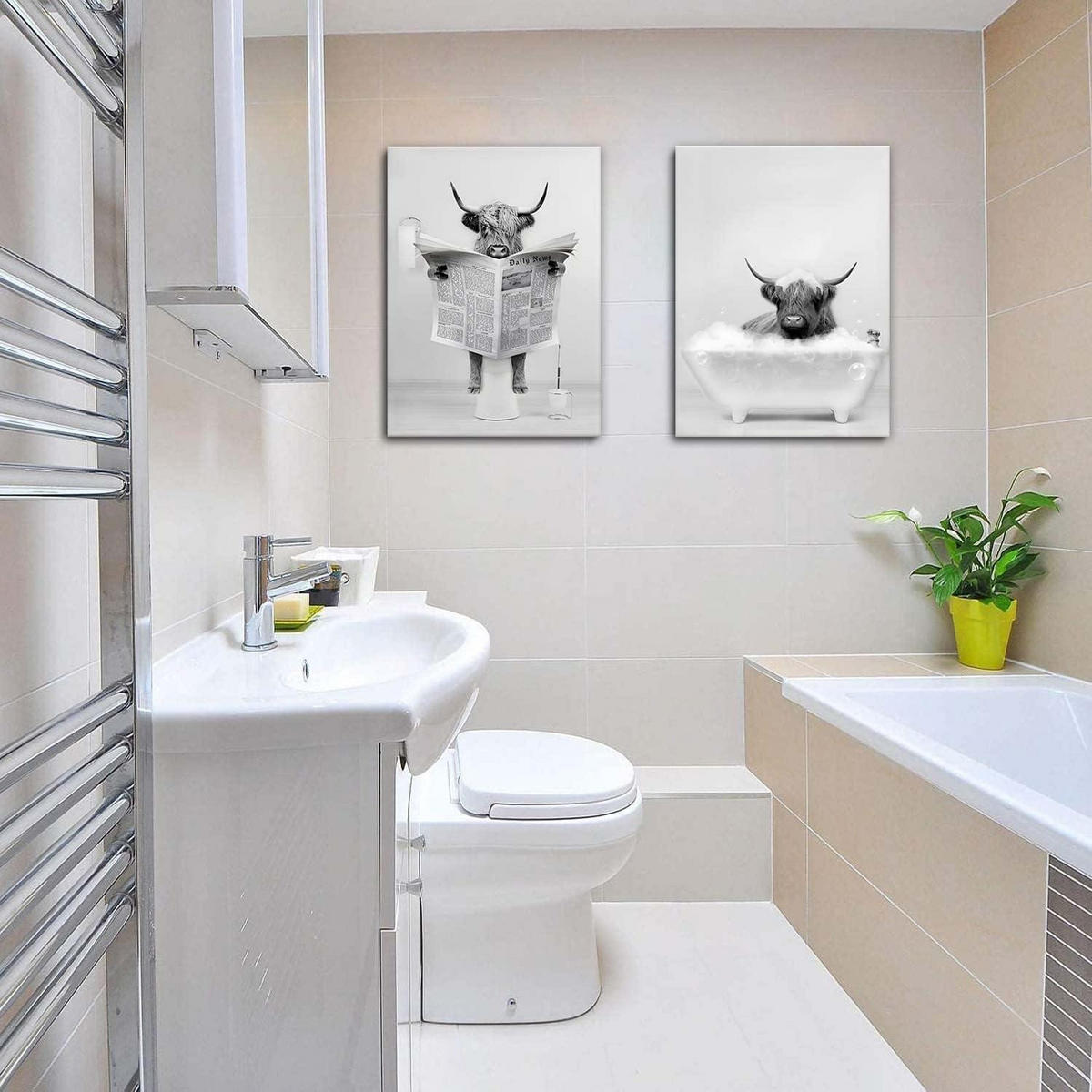 BADEZIMMER Bilder 2-teiliges Set Hochland Kuh Wandkunst Schwarz Weiß Leinwand 30 x 40 cm - Schwarz, Textil (30/0.5cm)