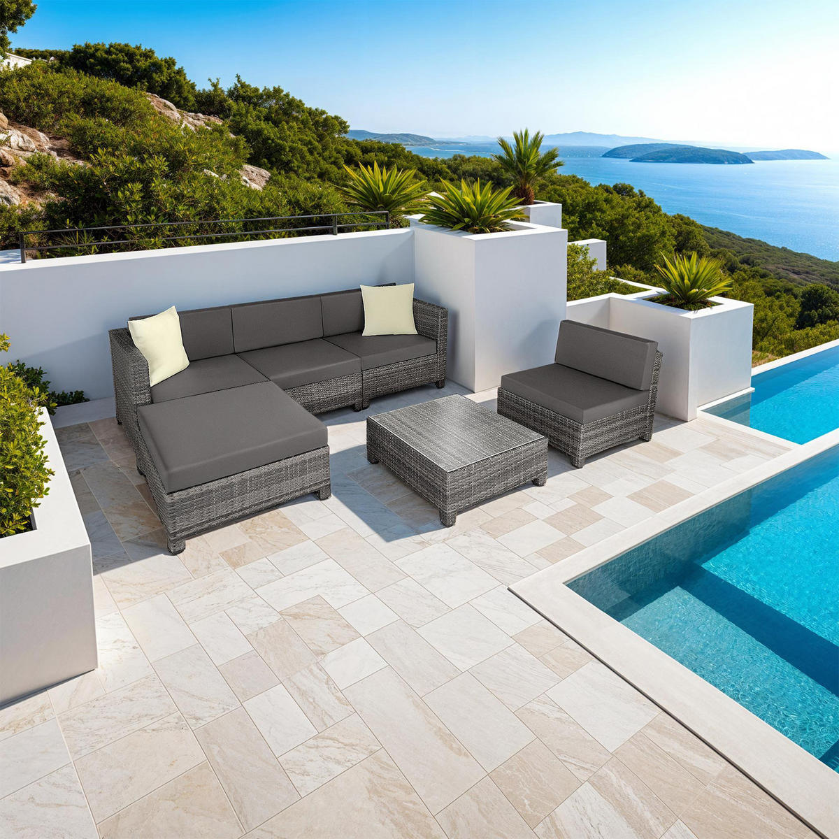 RATTANLOUNGE , mit Sicherheitsglasplatte, grau - Grau, Kunststoff - tectake