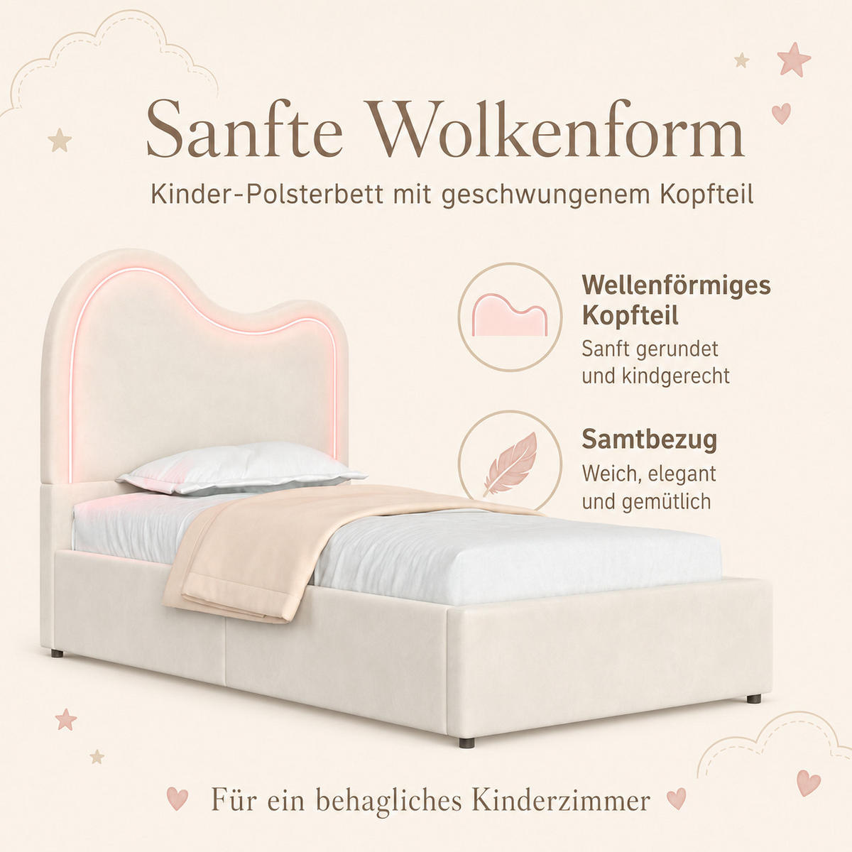 POLSTERBETT 90/200 cm in Beige aus Samt mit Stauraum und LED - Beige, Textil (90/200cm) - Flora Grace