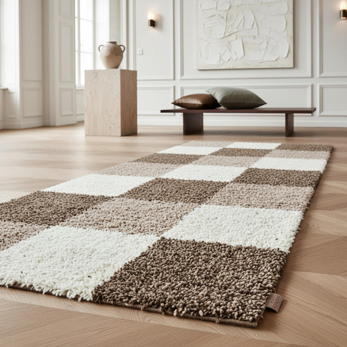 TEPPICH Hochflor Karo Polypropylen Wohnzimmer Shaggy Mokka Läufer 80x250 - Braun, Textil (80/250cm) - KADIMA DESIGN