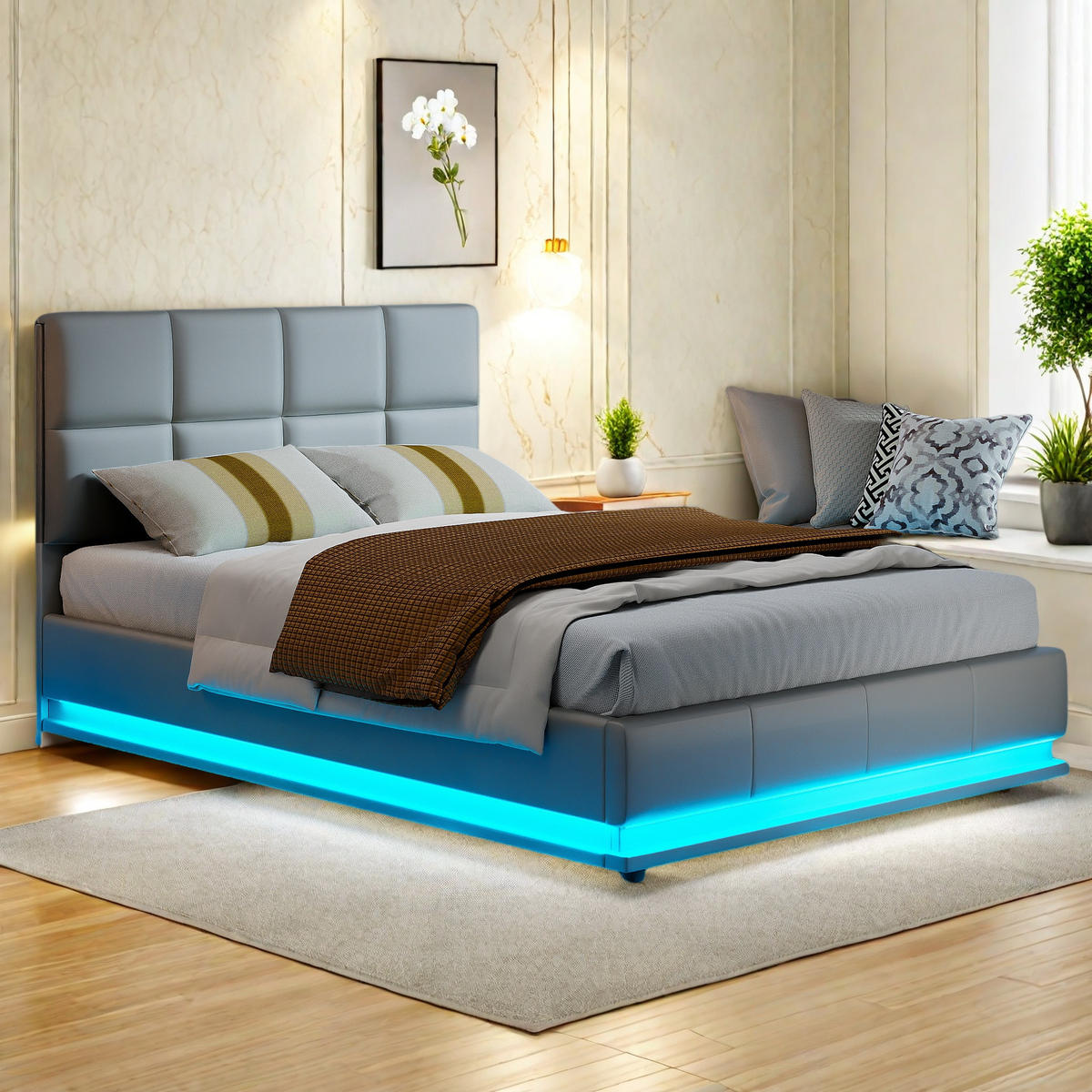 POLSTERBETT 140x200 cm LED Stauraum Lattenrost PU Kopfteil grau - Grau, Holz (140/200cm) - LEBENLANG