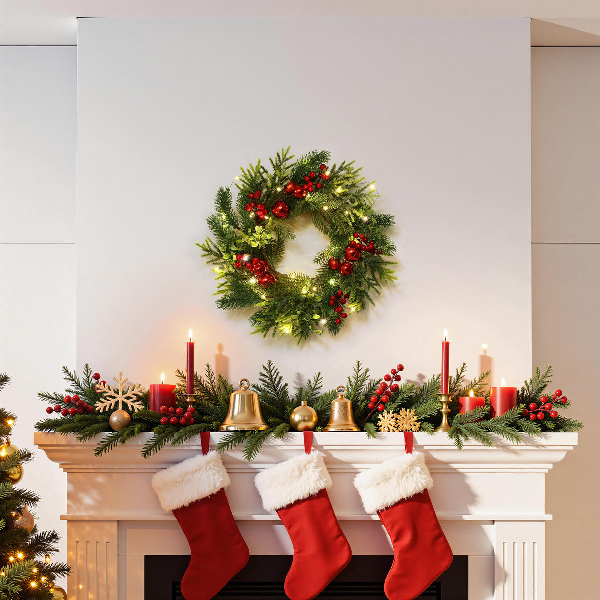 WEIHNACHTSKRANZ Ø40cm mit Beeren & Kugeln, 30 LEDs mit Timer - Dunkelgrün, Naturmaterialien (40cm) - Hometopia