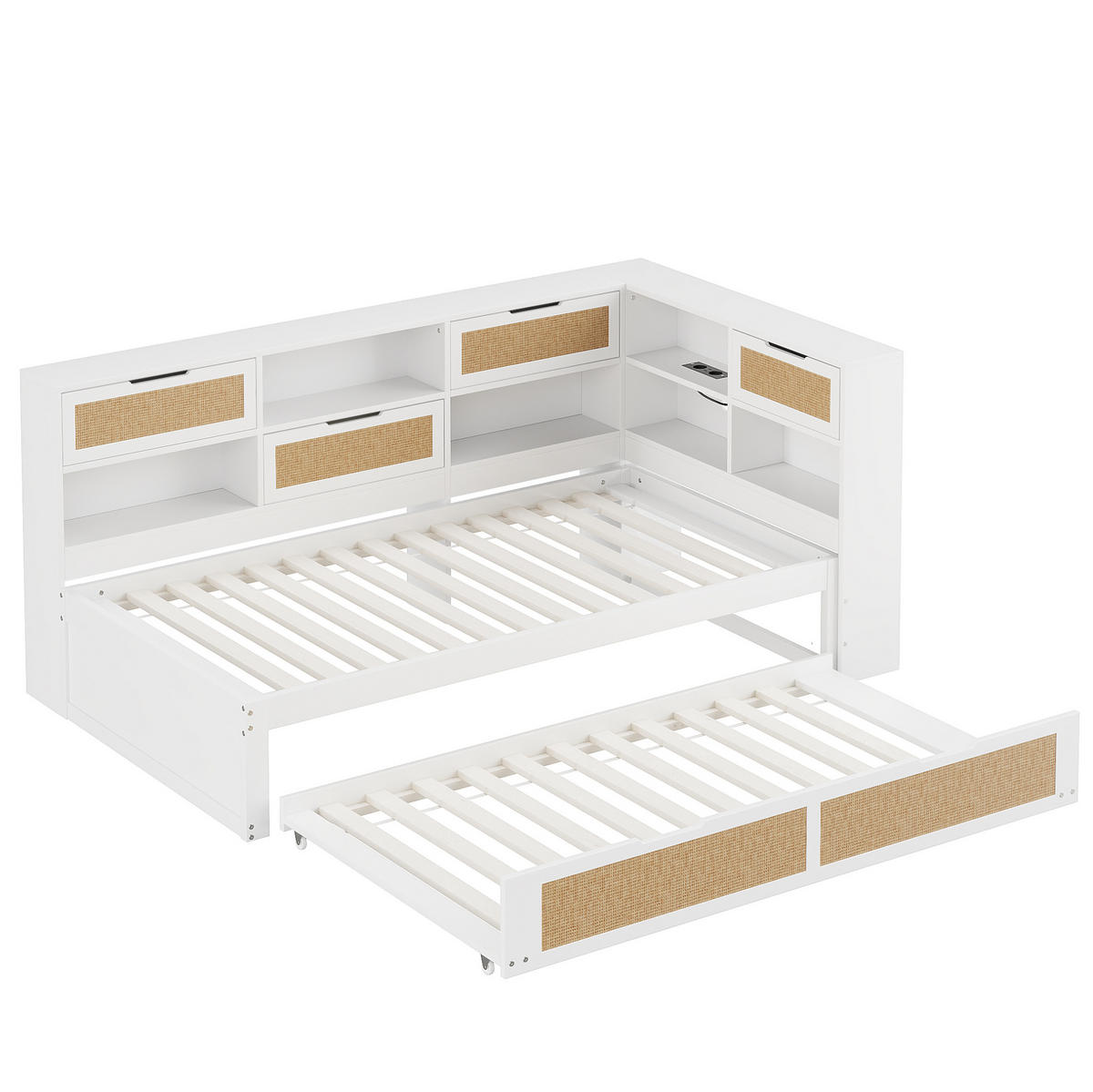 HOLZBETT 90/200 cm in Weiß mit Ausziehbett, Stauraum und USB-Anschluss - Weiß, Holz (90/200cm) - BEAOK