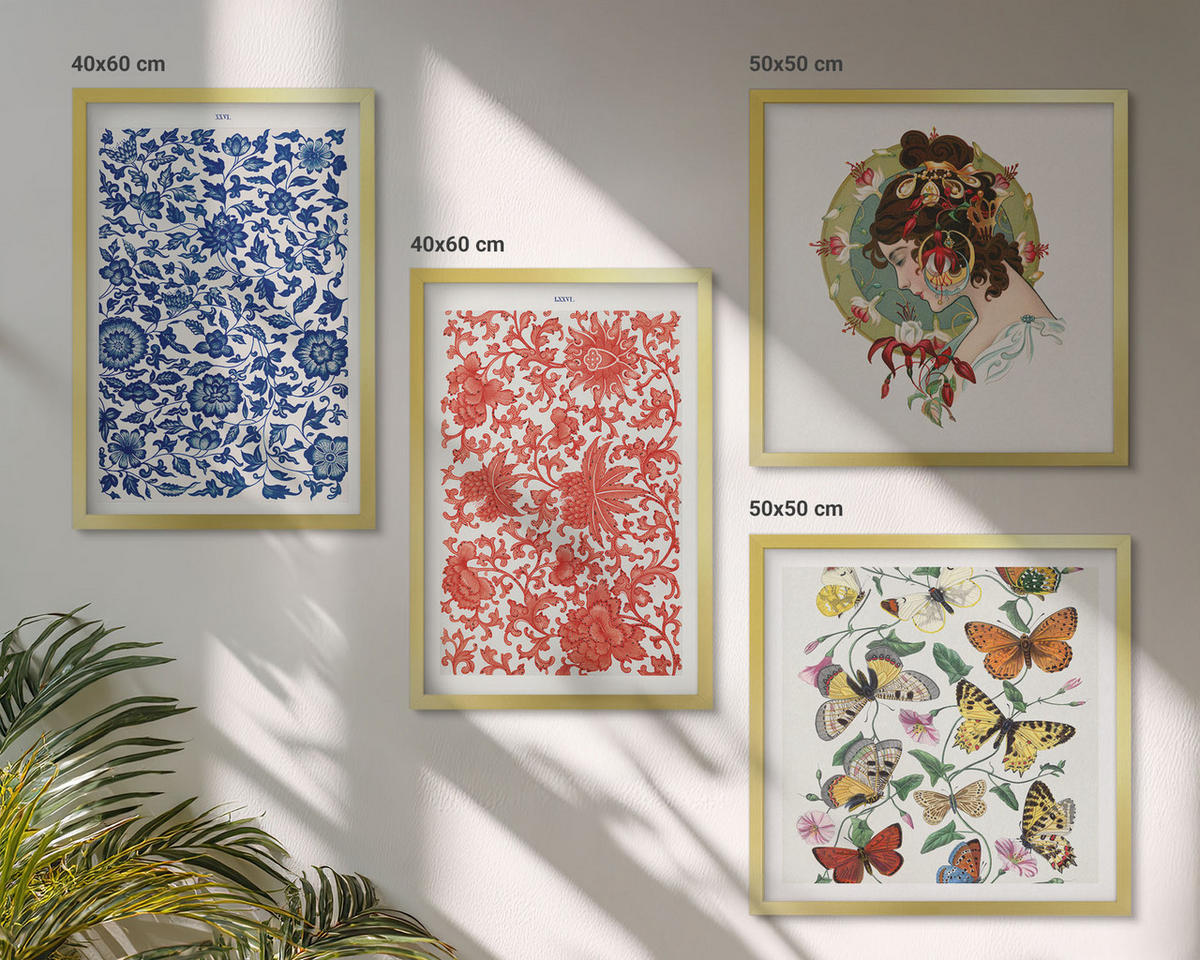 BILDER SET 4er Set - 50x50 cm & 40x60 cm Goldrahmen - Vintage-Blumen-Schmetterlings-Ornamente - Goldfarben, Kunststoff (50/50cm) - TULUP