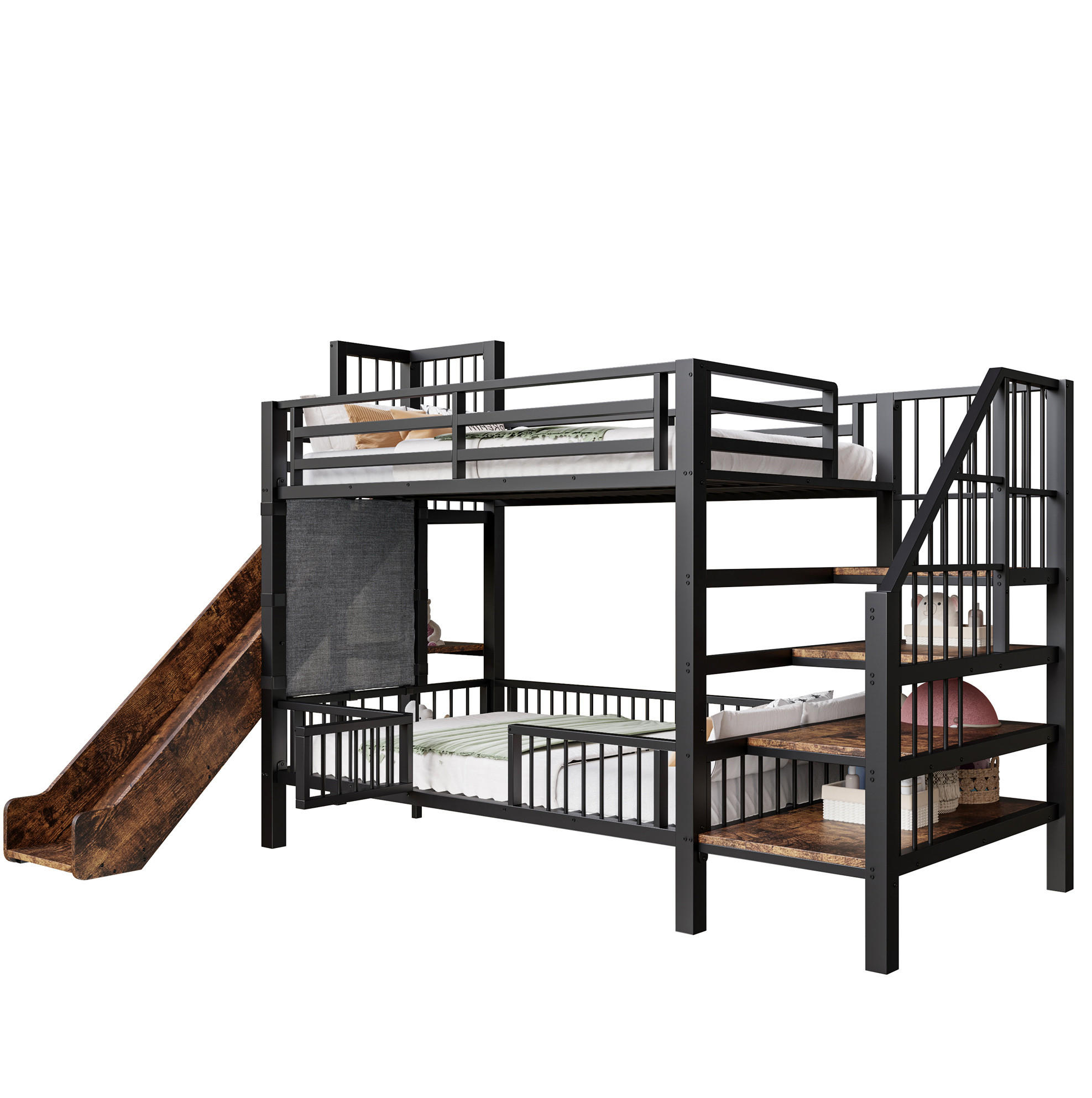 ETAGENBETT 90/200 cm aus Metall mit Rutsche und Stauraumtreppe, Schwarz - Schwarz, Metall (90/200cm) - Flora Grace