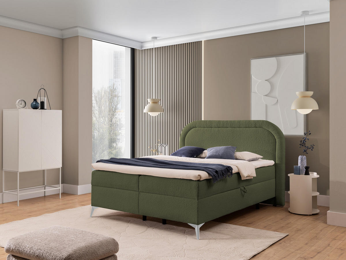 BOXBETT Sonna 180/200 cm Grün Bouclé-Stoff mit abgerundetem Kopfteil und mit silbernen Metallfüßen - Silberfarben/Grün, Holz/Textil (180/200cm) - S-Style Möbel