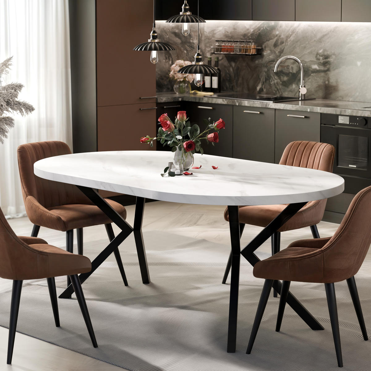 AUSZIEHTISCH MILTON 120-196/76 cm mit Metallgestell, Schwarz / Bianco Marmor - Perlmutt/Schwarz, Holzwerkstoff/Metall (120/120/76cm) - Idohome