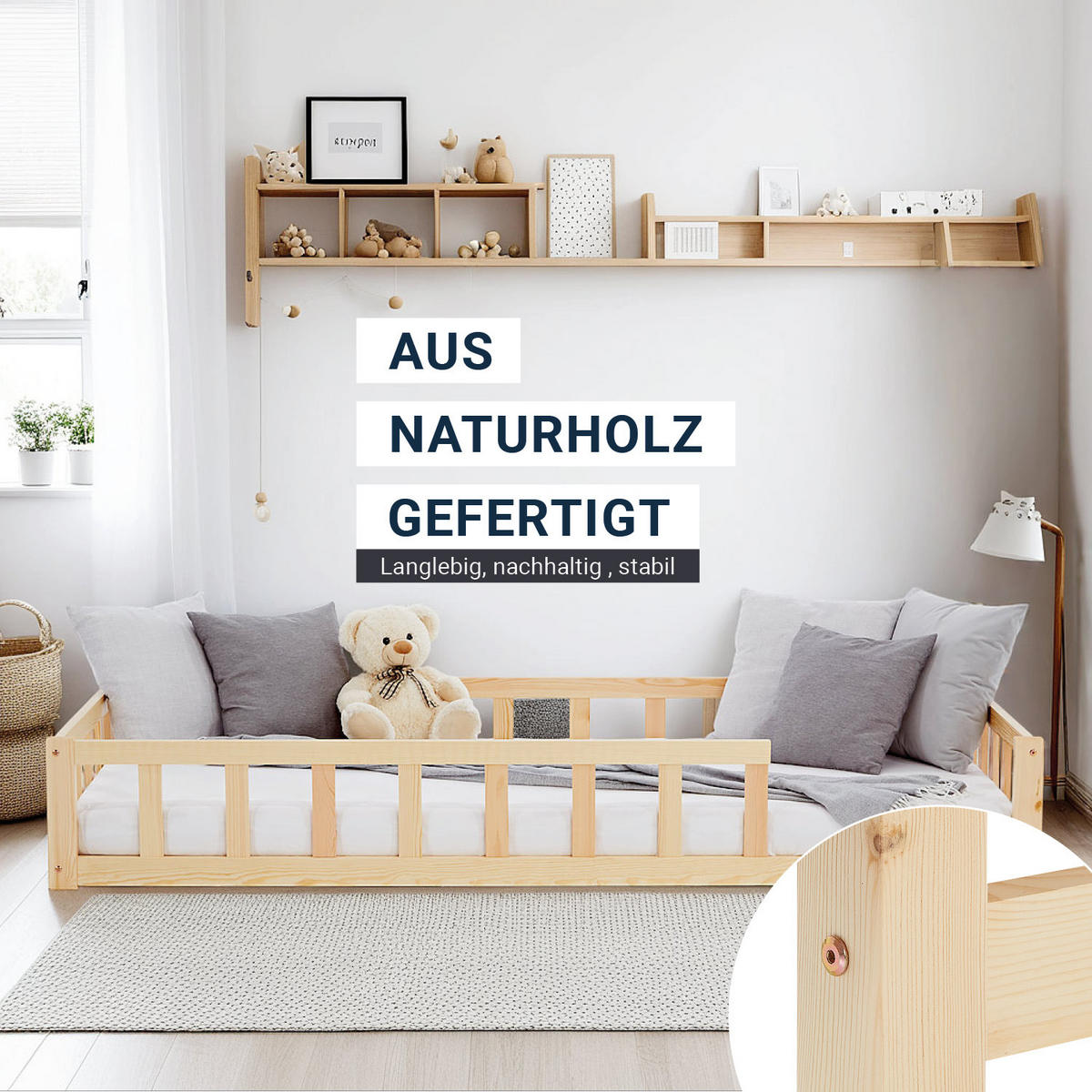 BODENBETT Natur 90x200 cm mit Lattenrost - Naturfarben, Holz (90/200cm) - Homestyle4u