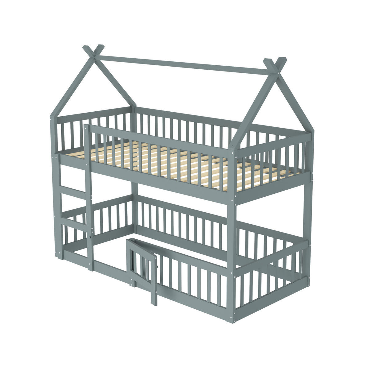 HAUSBETT 90/200 cm aus Holz mit Treppe und Rausfallschutz in Grau - Grau, Holz (90/200cm) - BEAOK