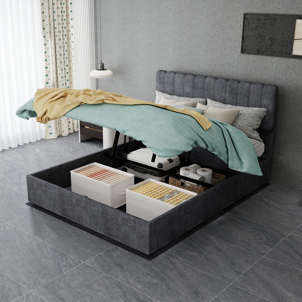 POLSTERBETT 140x200 cm in Grau mit gepolstertem Kopfteil - Grau, Textil (140/200cm) - IVMEU