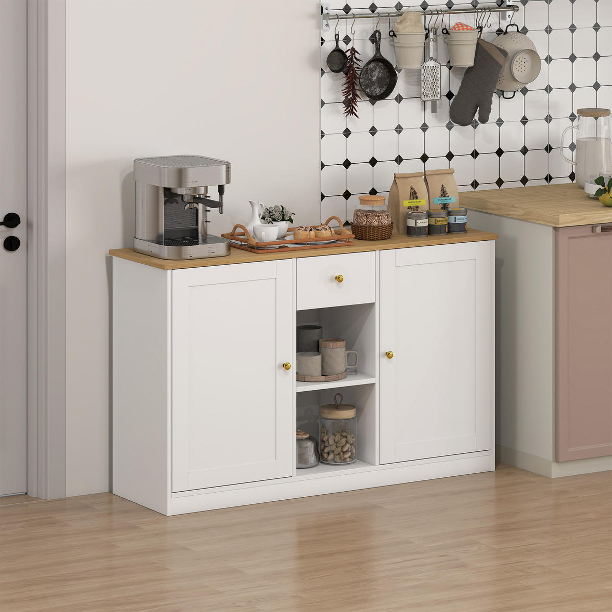 SIDEBOARD Aufbewahrungsschrank mit Schublade, 2 Türen, 2 Offenen Ablagen Weiß - Weiß, Holzwerkstoff (35/75.2/120cm) - HOMCOM