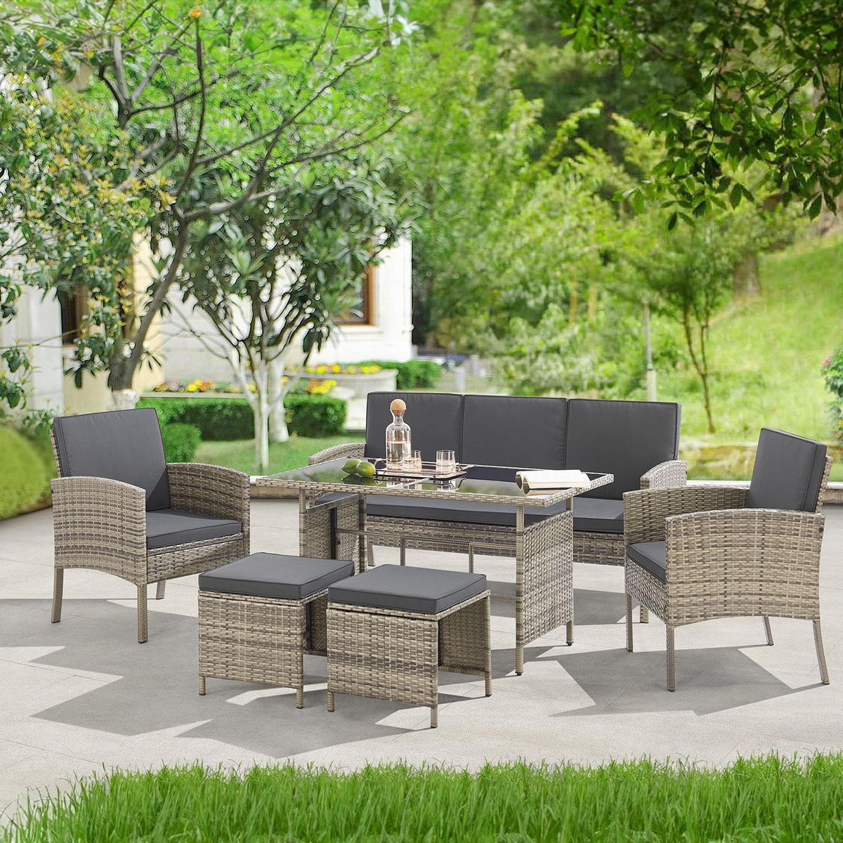 SITZGRUPPE Turin dunkelgrau Polyrattan - Grau, Kunststoff - Juskys