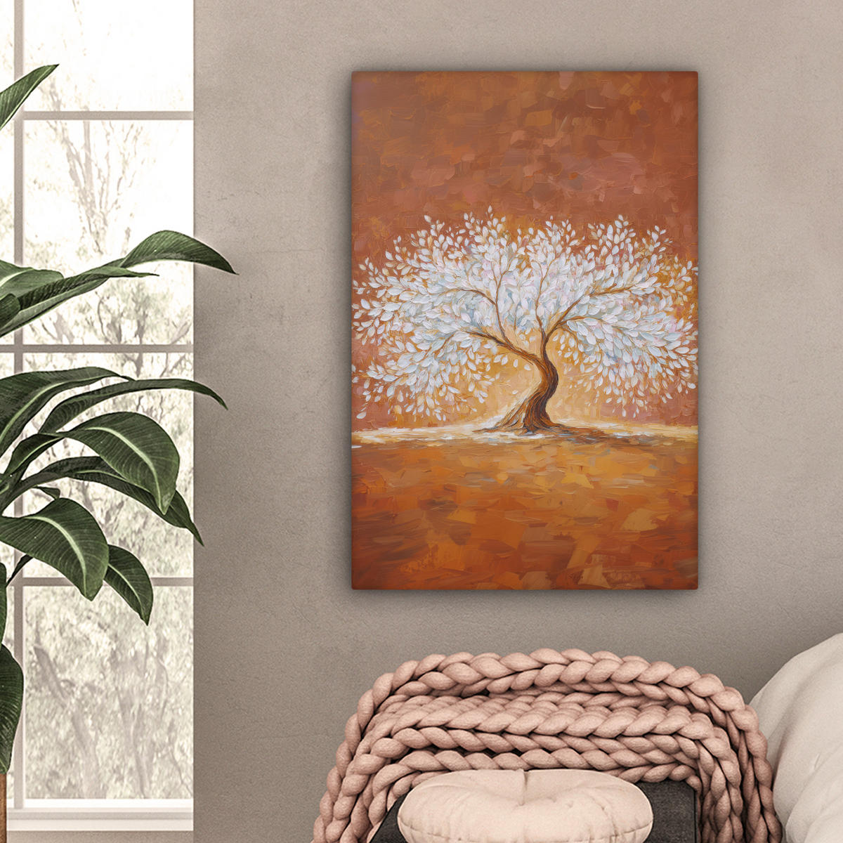 LEINWANDBILD Abstrakt - Baum - Weiß - Blätter Wanddeko 40x60 cm - Braun, Textil (40/60cm) - MuchoWow