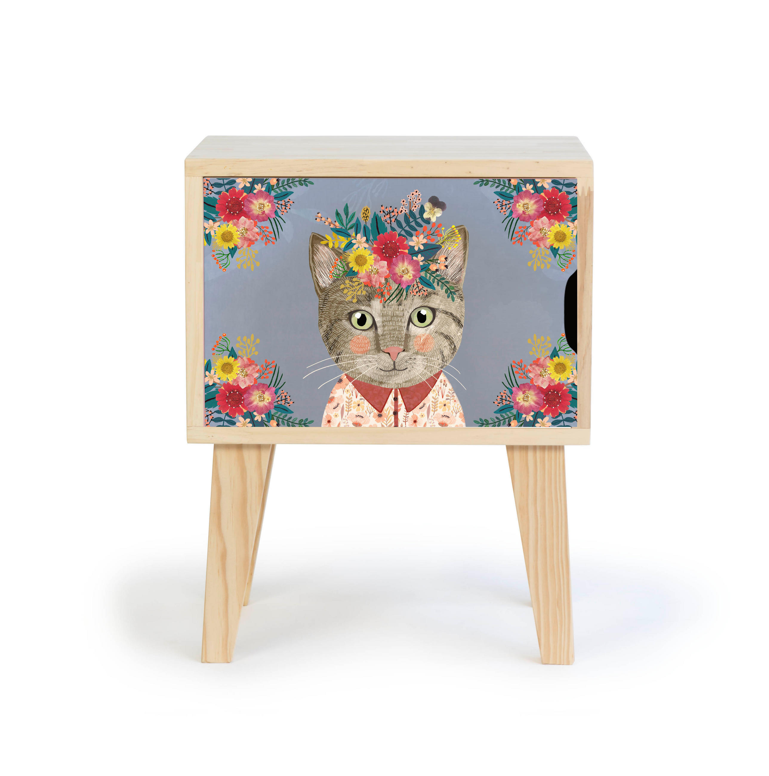 NACHTTISCH Montessori Natur BLUMINGE KATZE - Blau, Holz (42/54/30cm) - RNT By Really Nice Things