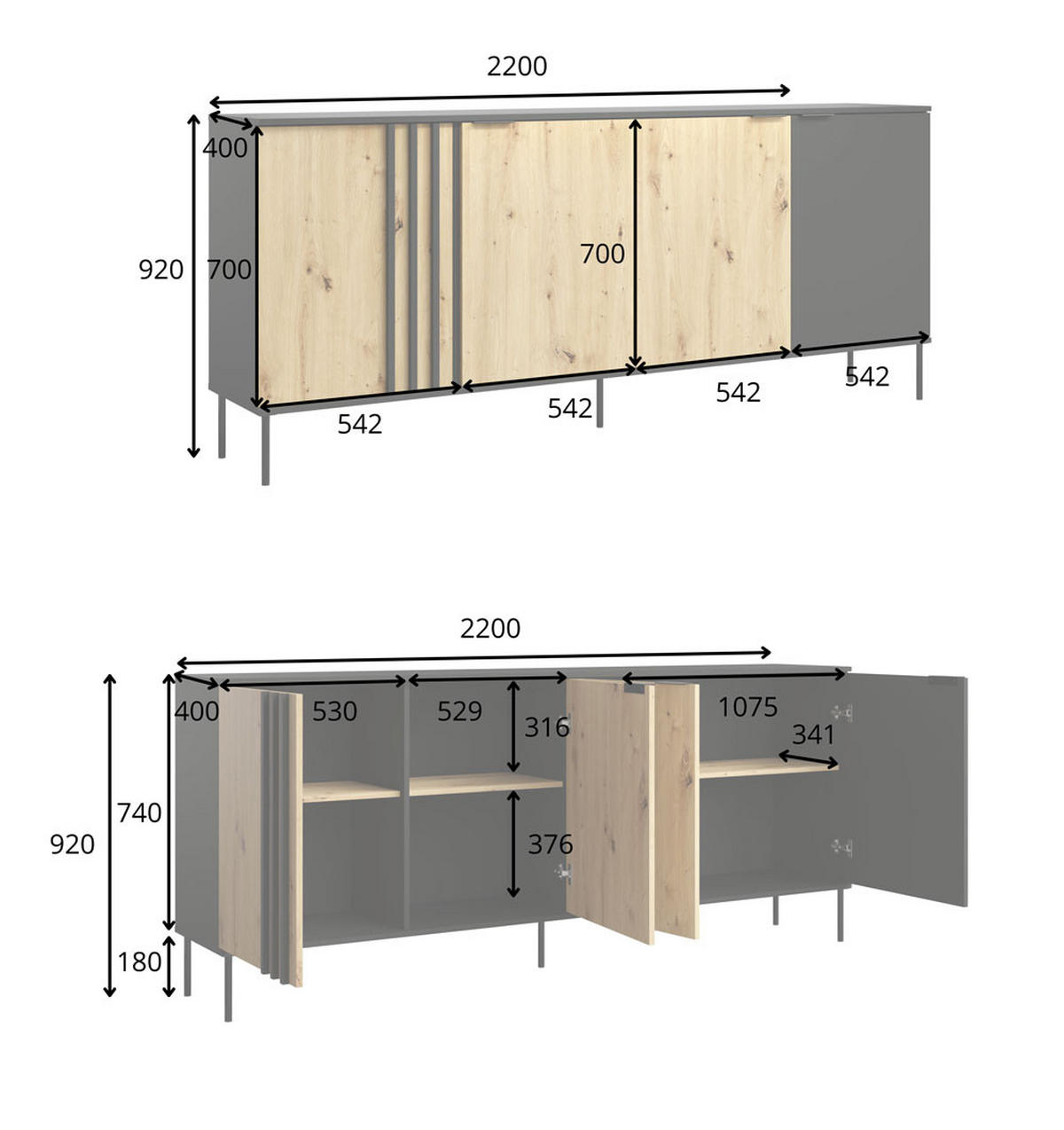 SIDEBOARD Rodgau Schwarz / Eiche Artisan 220 / 40 / 92cm - Multicolor/Schwarz, Holz/Holzwerkstoff (220/92/40cm) - Feldmann-Wohnen