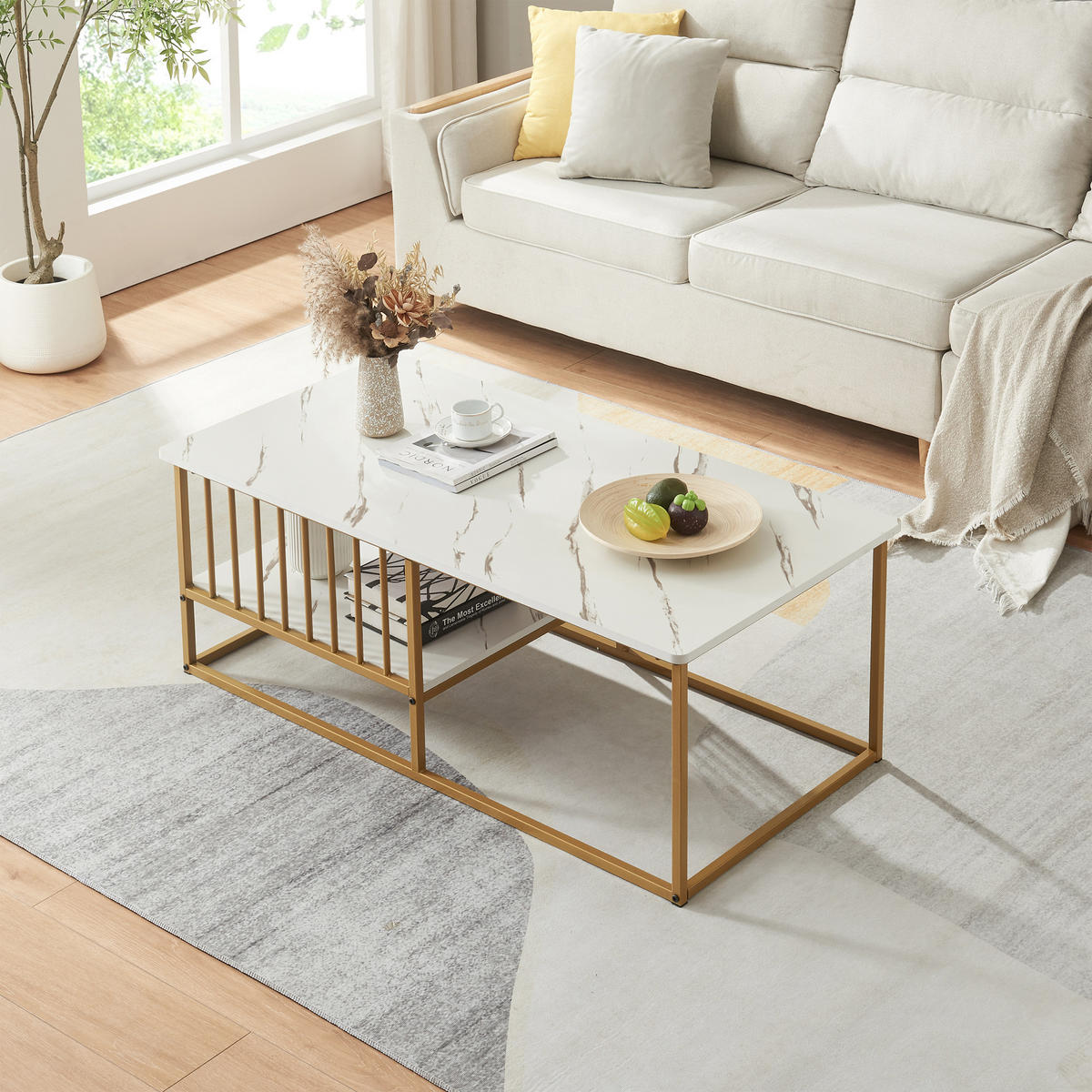 KONFERENČNÍ STOLEK Raukurg 120/60/44 cm - bílá/zlatá, kov/kompozitní dřevo (60/120/44cm) - [en.casa]