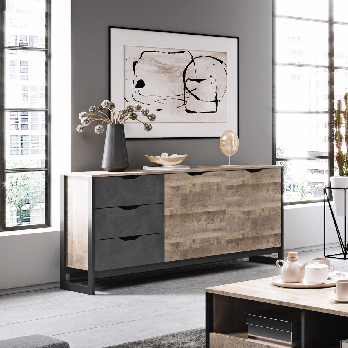 SIDEBOARD ARDENTE 161/79/40 cm mit 3 Schubladen und 2 Türen Eichefarben - Eichefarben, Holzwerkstoff (161/79/40cm) - MASSENO