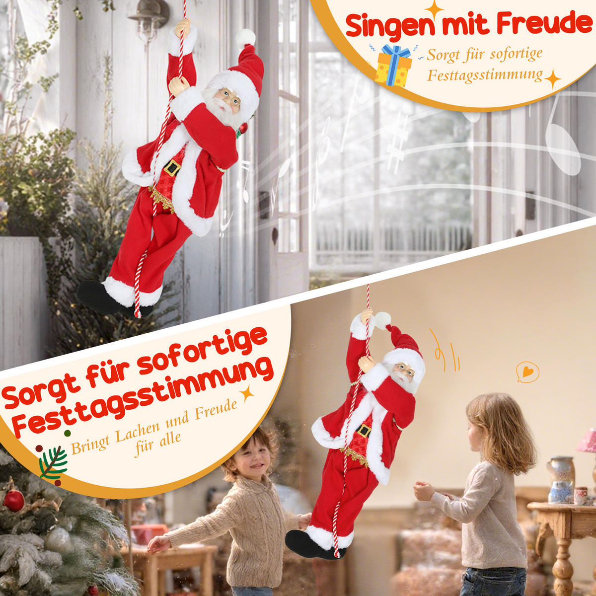 WEIHNACHTSMANN 60 cm Singend und Kletternd Weihnachtsmann mit Geschenk Seil - Rot, Textil (18/60/20cm) - HOMCOM