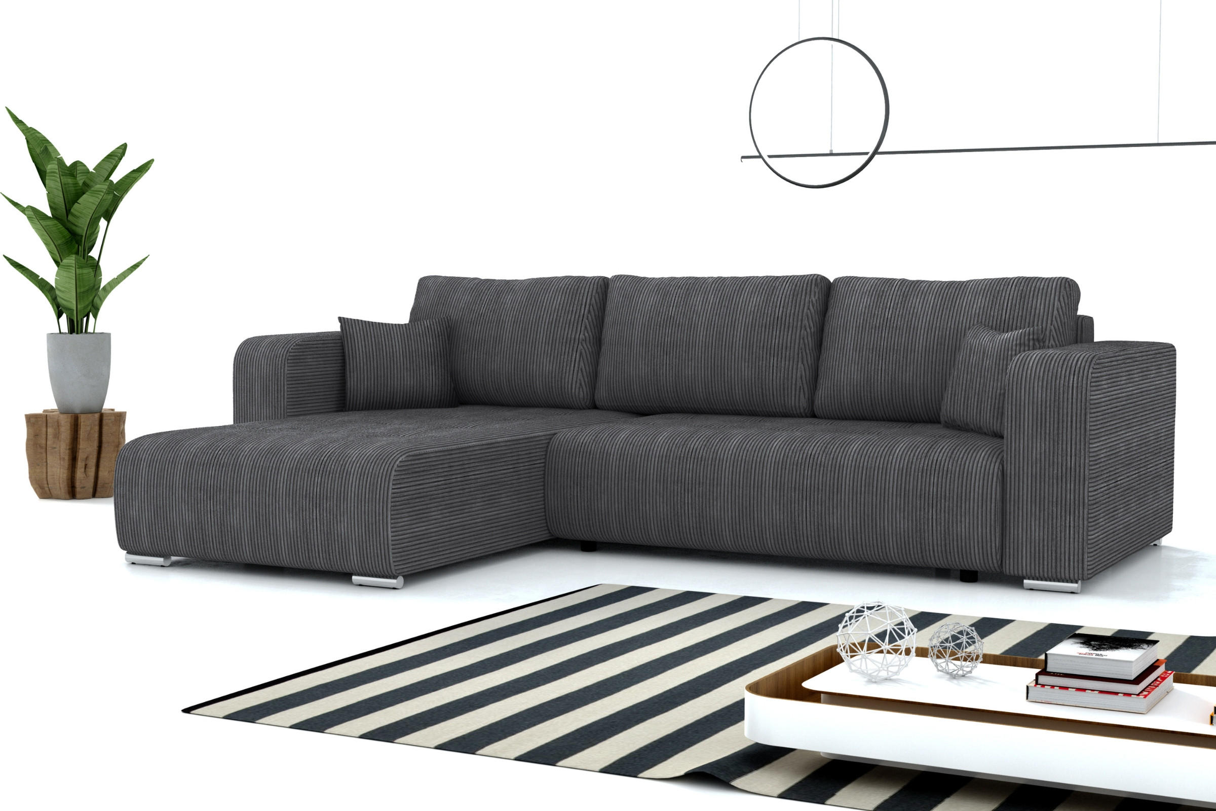 ECKSOFA CARACAS 288/185 in Cord Anthrazit mit Schlaffunktion links - Anthrazit, Holz/Holzwerkstoff (288/185cm) - Deine Möbel 24