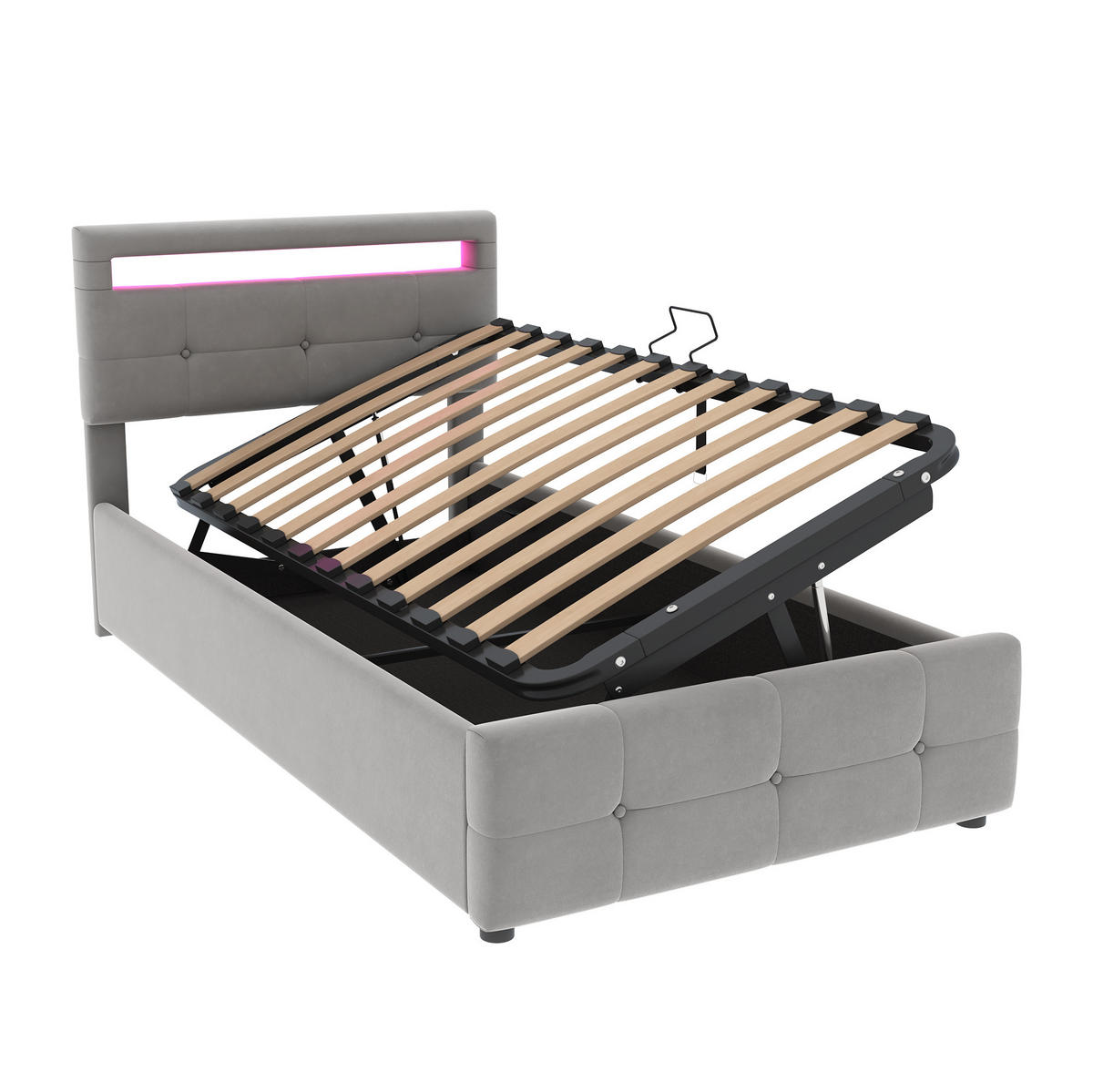 POLSTERBETT 90/200 cm Grau aus Samt mit LED-Beleuchtung und Stauraum - Grau, Textil (90/200cm) - OKMYHOME