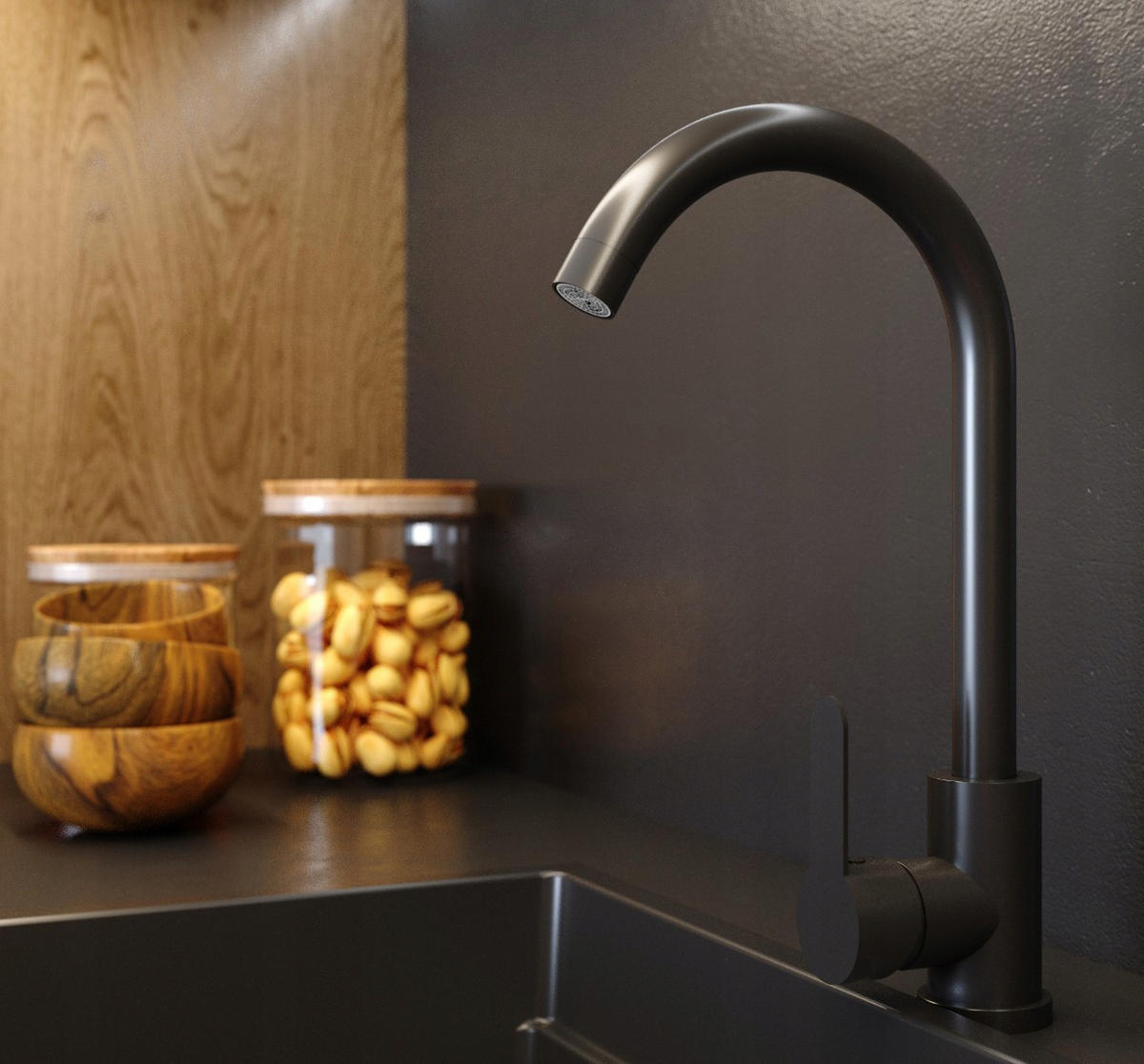 GRANITSPÜLE Teor mit Batterie Siphon - Schwarz, Kunststoff/Stein (42/17/46cm) - Granitan