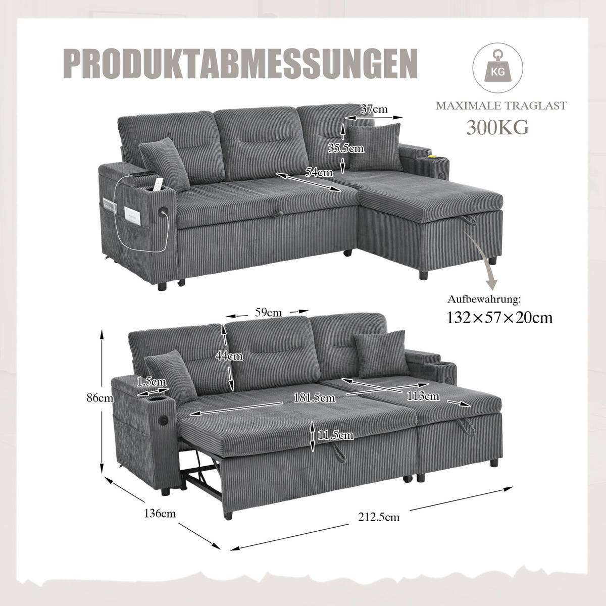 ECKSCHLAFSOFA 3-Sitzer Cord mit Stauraum Schubladenbett und USB-Anschluss Kohlegrau 212,5/136/86 cm - Grau, Textil (136/212.5cm) - Redom